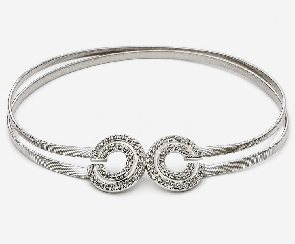 Women’s Silver Stretch Waist Belt Double Circle Buckle Elastic Metal Belt