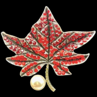 Red Rhinestone Maple Leaf Faux Pearl Brooch Pin Women's Accessories
