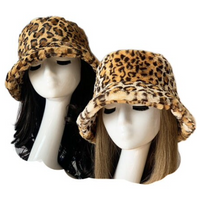 Soft Faux Fur Bucket Hat Furry Leopard Animal Print for Women Winter Cozy