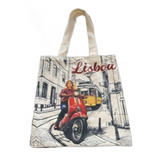 Bolsa de mano de doble cara con el tranvía amarillo de Lisboa, Portugal: lona 100 % algodón