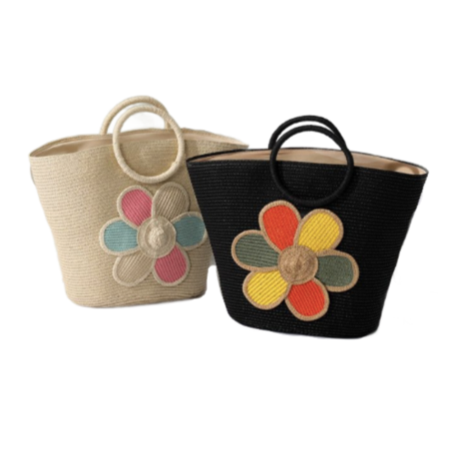 Women's Straw Flower Cute Basic Weave Sewing Thread Square Zipper Straw Bag