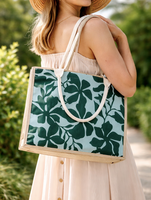 Tropical Leaf Canvas Tote with Rope Handles – Blue & Green Beach Bag Tote