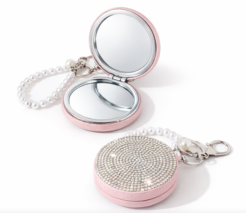 Compact Mirror Keychain Sparkly Rhinestone Pocket Mirror Faux Pearl Wrist Strap