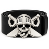 Boucle de ceinture avec tête de crâne de pirate, épées, os de crâne humain