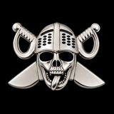 Boucle de ceinture avec tête de crâne de pirate, épées, os de crâne humain