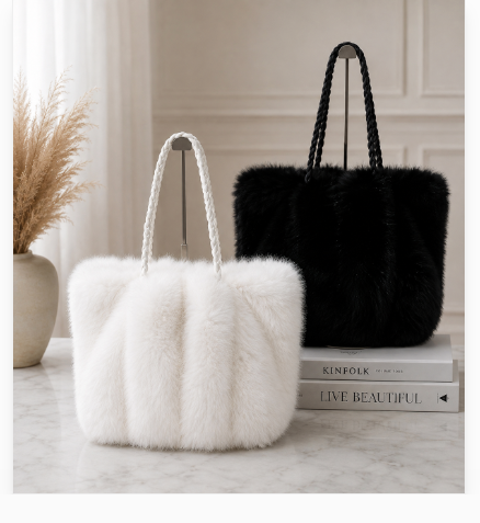 Faux Fur Tote Bag Women Winter Large Plush Furry Shoulder Bag Stylish Soft Purse