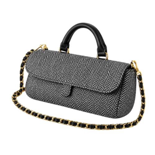 Elegant Gray & Black Tweed Handbag with Gold Chain Strap Women's Fashion Purse