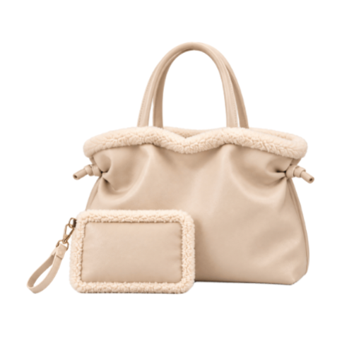 Faux Fur Leather Sherpa Trim Tote Bag with Matching Pouch