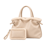 Faux Fur Leather Sherpa Trim Tote Bag with Matching Pouch