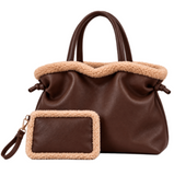 Faux Fur Leather Sherpa Trim Tote Bag with Matching Pouch