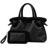 Faux Fur Leather Sherpa Trim Tote Bag with Matching Pouch