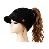 BeanieTail Gorro con visera de cola de caballo de moño alto desordenado tejido de cable elástico suave