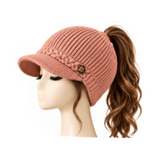 BeanieTail Gorro con visera de cola de caballo de moño alto desordenado tejido de cable elástico suave