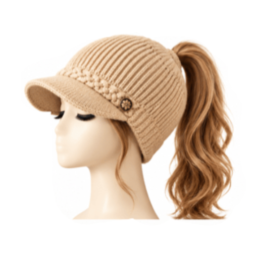 BeanieTail Gorro con visera de cola de caballo de moño alto desordenado tejido de cable elástico suave