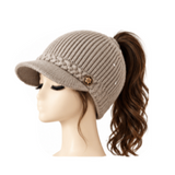 BeanieTail Gorro con visera de cola de caballo de moño alto desordenado tejido de cable elástico suave