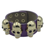 Unisex Punk Biker Gold Skull Purple Leather Bracelet Cuff Bangle Wristband