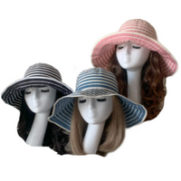 Women Fashion Wide Large Brim Hat Striped Hat Foldable Sun Bucket Cap