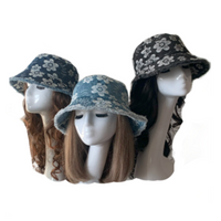 Retro Embroidered Flower Bucket Hats Women Washed Denim Fur Trim Fishman Hat