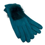 Women Faux Fur Pom Pom Fluffy Plush Teal Gloves Winter