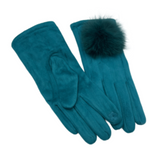 Women Faux Fur Pom Pom Fluffy Plush Teal Gloves Winter