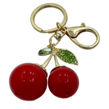 Rhinestone Bling Red Cherry with Gold Tone Key Chain Purse Charm