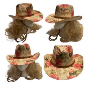 Chapeau de paille à roses florales, chapeaux respirants de Cowboy occidental pour femmes en plein air d'été