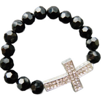 Black Crystal Beaded Rhinestone Religious Cross Stretch Fashion Bracelet