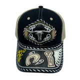 3D Longhonrs Embroidered Faux Leather Western Hat Unique Design Mesh Back