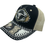 3D Longhonrs Embroidered Faux Leather Western Hat Unique Design Mesh Back