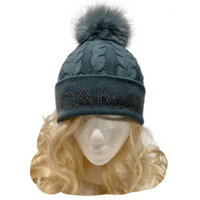 Canada Rhinestone Knitwear Cable Knit Pom Beanie Hat Women Winter Toque