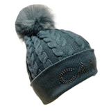 Canada Rhinestone Knitwear Cable Knit Pom Beanie Hat Women Winter Toque