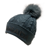 Canada Rhinestone Knitwear Cable Knit Pom Beanie Hat Women Winter Toque