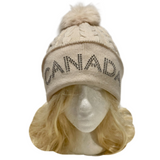 Canada Rhinestone Knitwear Cable Knit Pom Beanie Hat for Women Winter Toque