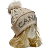 Canada Rhinestone Knitwear Cable Knit Pom Beanie Hat for Women Winter Toque