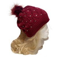 Red Pom Pom With White Rhinestones Winter Fashion Hat
