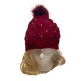 Red Pom Pom With White Rhinestones Winter Fashion Hat
