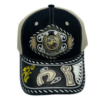 3D Bull Rider Embroidered Faux Leather Western Hat Unique Design Mesh Back