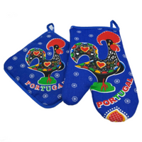 100% Cotton Galo de Barcelos Portuguese Portugal Oven Kitchen Glove Mitt Set