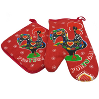 100% Cotton Galo de Barcelos Portuguese Portugal Oven Kitchen Glove Mitt Set