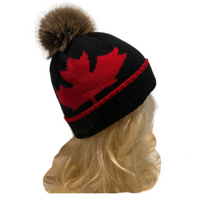 Bonnet unisexe, Tuque d'hiver, Canada, feuille d'érable, rouge, noir, Pom Pom tricoté
