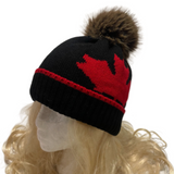 Bonnet unisexe, Tuque d'hiver, Canada, feuille d'érable, rouge, noir, Pom Pom tricoté