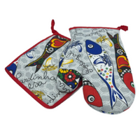 100% Cotton Traditional Portuguese Sardines Symbols Oven Kitchen Mitt Set of 2