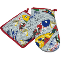 100% Cotton Traditional Portuguese Sardines Symbols Oven Kitchen Mitt Set of 2