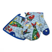 100% Cotton Traditional Portuguese Sardines Symbols Oven Kitchen Mitt Set of 2