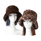 Soft Faux Fur Bucket Hat Furry Leopard Animal Print for Women Winter