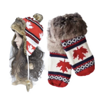 Canada Faux Fur Fashion Winter Ski Hat Mittens Set Mapleleaf Ear Flaps Unisex