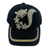 Chapeau Bling noir pour femmes, casquette de renard à paillettes et strass