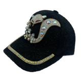 Chapeau Bling noir pour femmes, casquette de renard à paillettes et strass