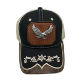 3D Eagle Embroidered Faux Leather Western Hat Unique Design Mesh Back