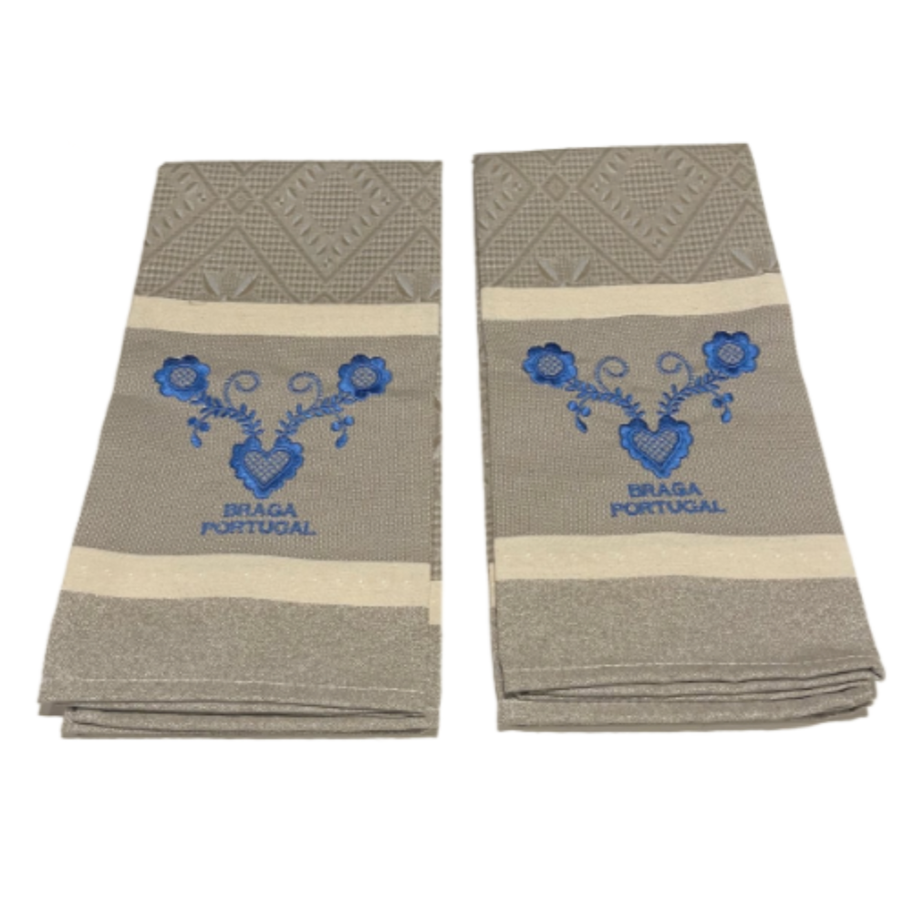 Embroidered Beige Braga Portugal Portuguese Kitchen Dish Towel - 100% Cotton SET OF 2